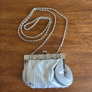 Moni Couture Vintage Silver Embroidered Satin Mini Bag with Silver Chain